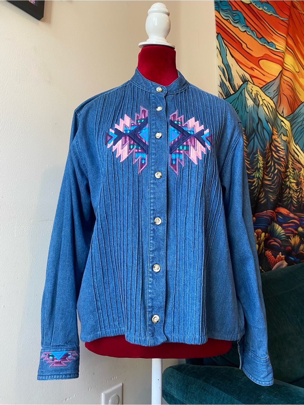 Vintage Sunbelt Blue Denim Button-Down with Pink & Purple Embroidery